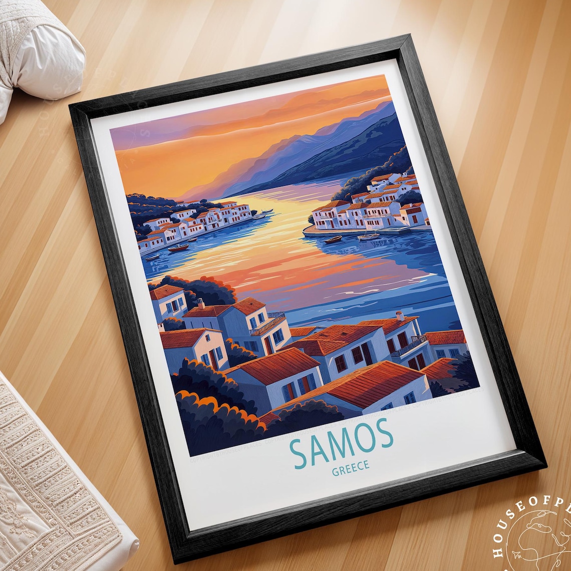 Samos Greece Sunset Harbor Vintage Travel Poster Orange Sky Scene
