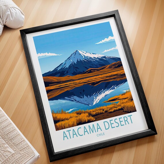 Atacama Desert Chile Volcano Lake Reflection Golden Travel Art Poster