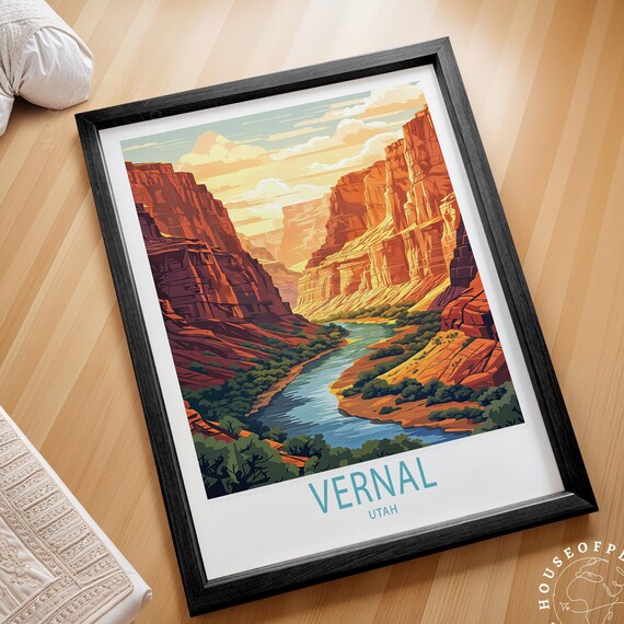 Vernal Utah Red Rock Canyon Winding River Desert Cliffs Retro Travel Poster