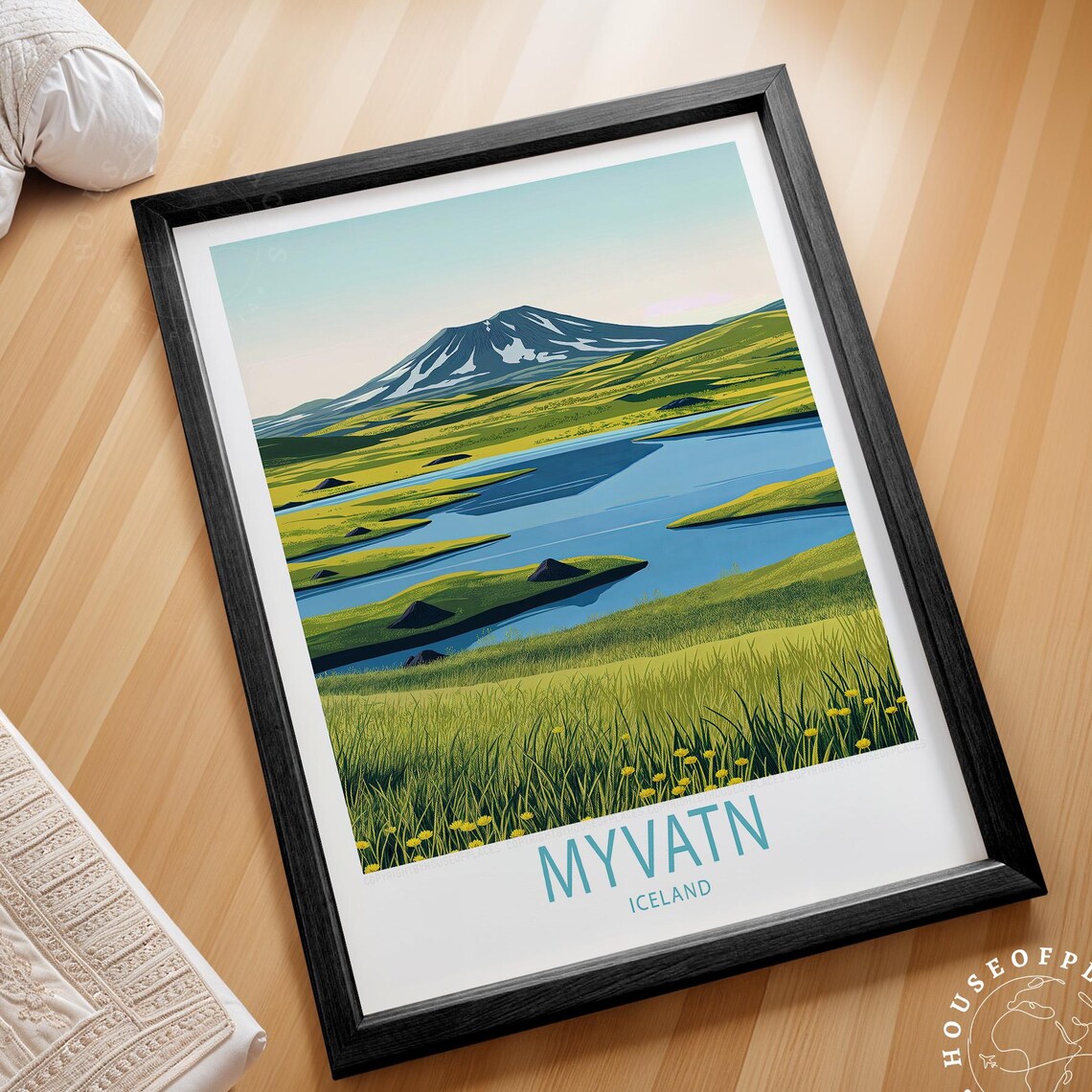 Myvatn Iceland Lake Volcano Green Hills Nordic Travel Poster