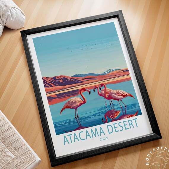 Atacama Desert Chile Flamingos Sunset Reflection Lake Travel Poster