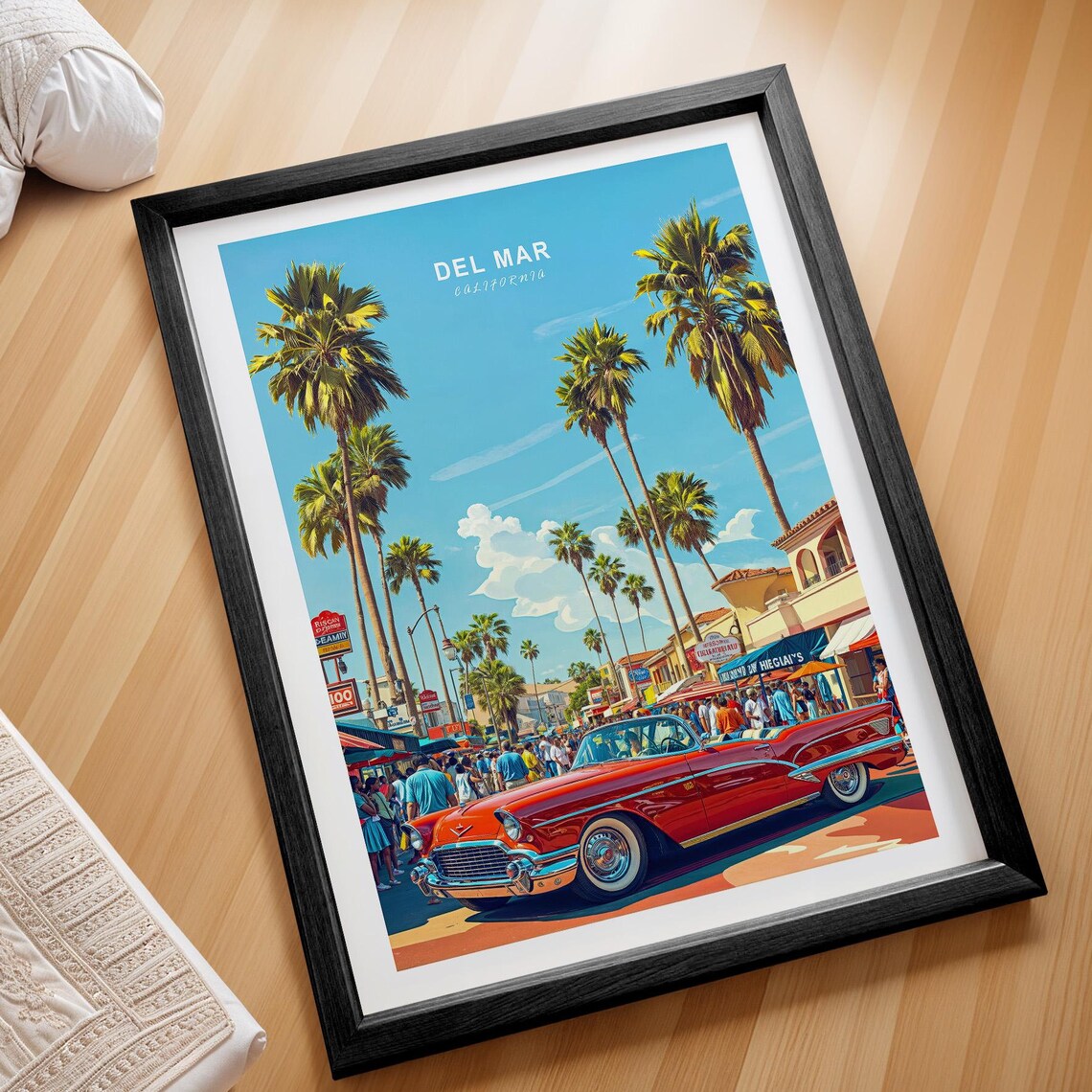 Del Mar California Vintage Red Classic Car Palm Avenue Travel Poster