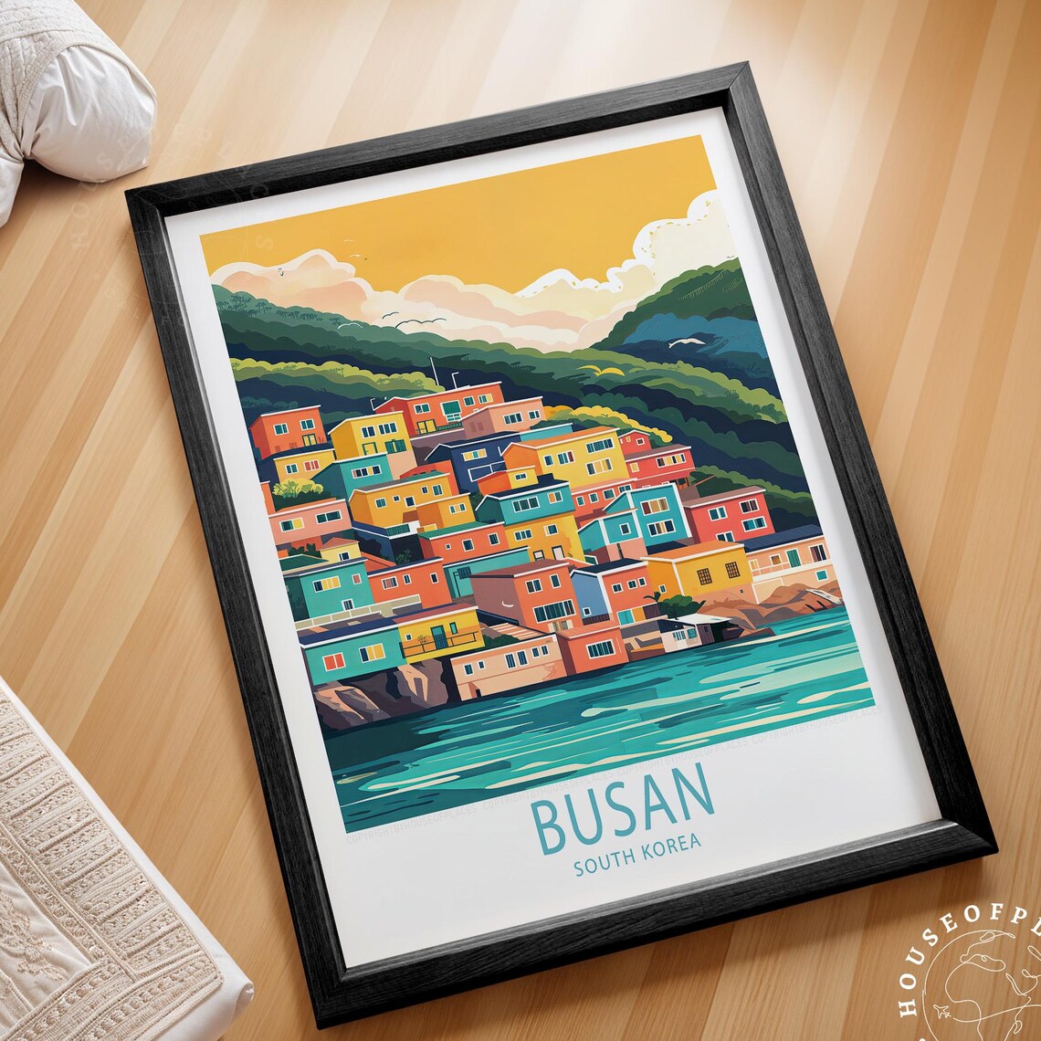 Busan South Korea Travel Poster Colorful Hillside Houses Harbor Art