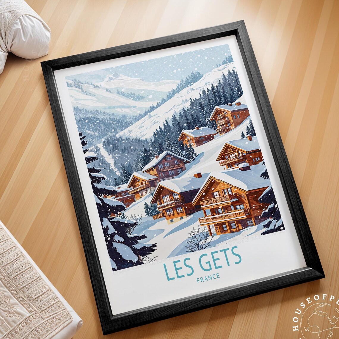 Les Gets France Snowy Chalet Village Ski Resort Winter Scene Poster