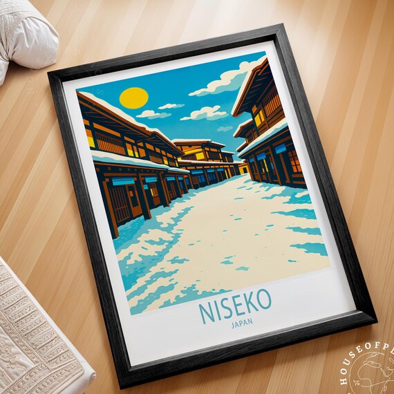 Niseko Japan Snow Covered Village Winter Sun Retro Travel Poster