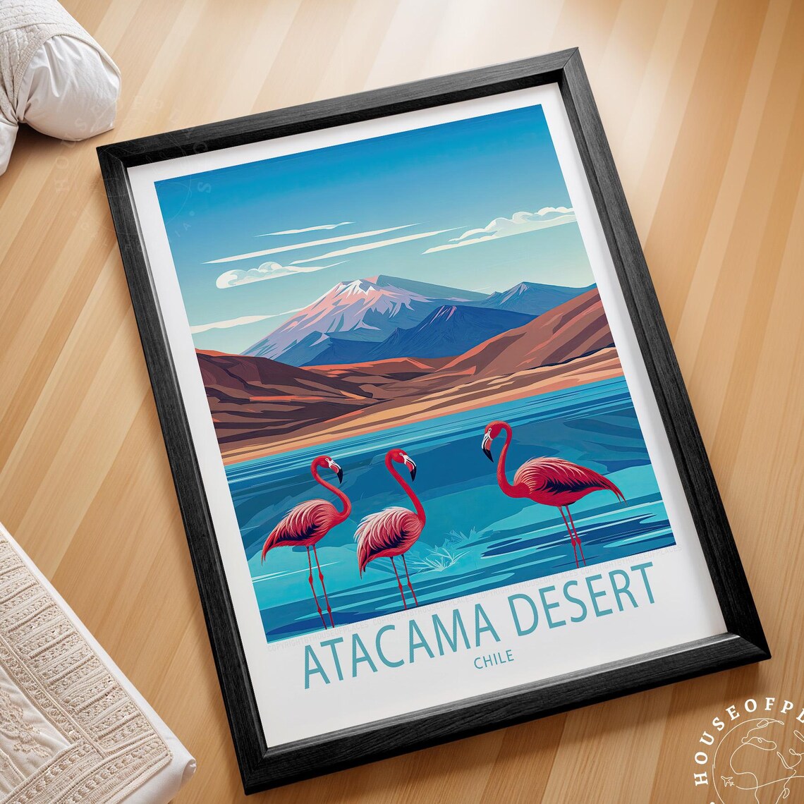 Atacama Desert Chile Flamingos Volcano Lake Vintage Travel Poster