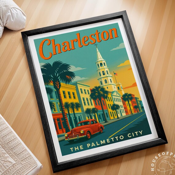 Charleston South Carolina The Palmetto City Retro Vintage Travel Poster