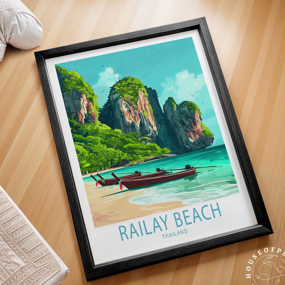 Railay Beach Thailand Longtail Boats Limestone Cliffs Travel Poster