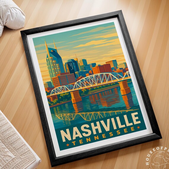 Nashville Tennessee Skyline Bridge Sunset Music City Art Poster