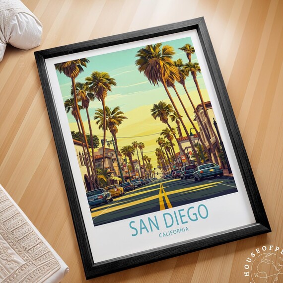 San Diego California Palm Street Sunset Golden Travel Poster
