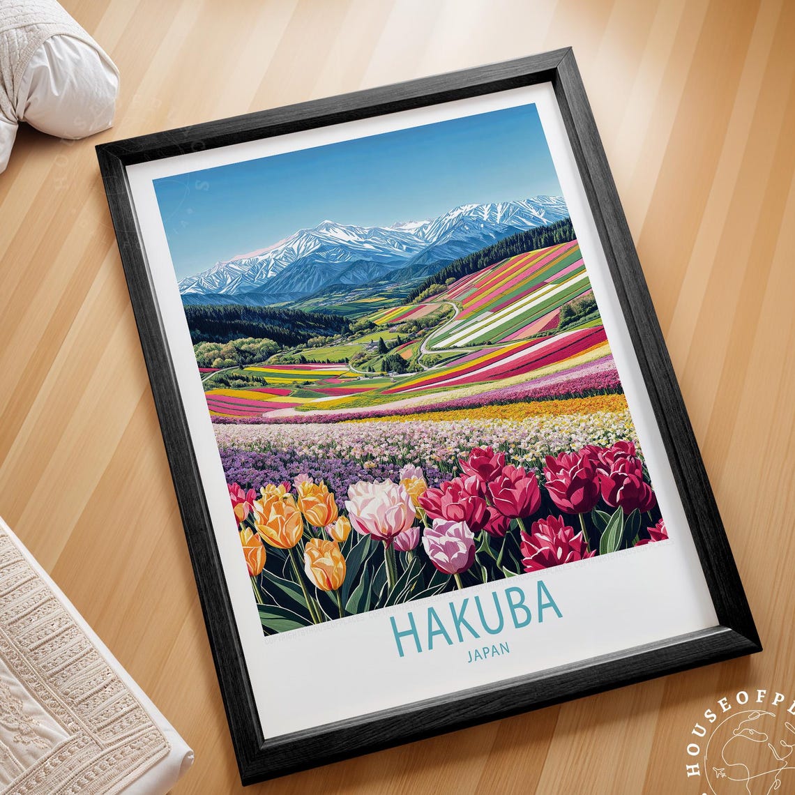 Hakuba Japan Tulip Fields Snowy Mountains Flower Landscape Poster
