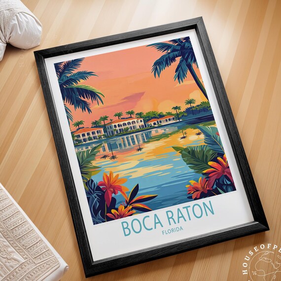 Boca Raton Florida Sunset Waterfront Palm Trees Lake View Poster