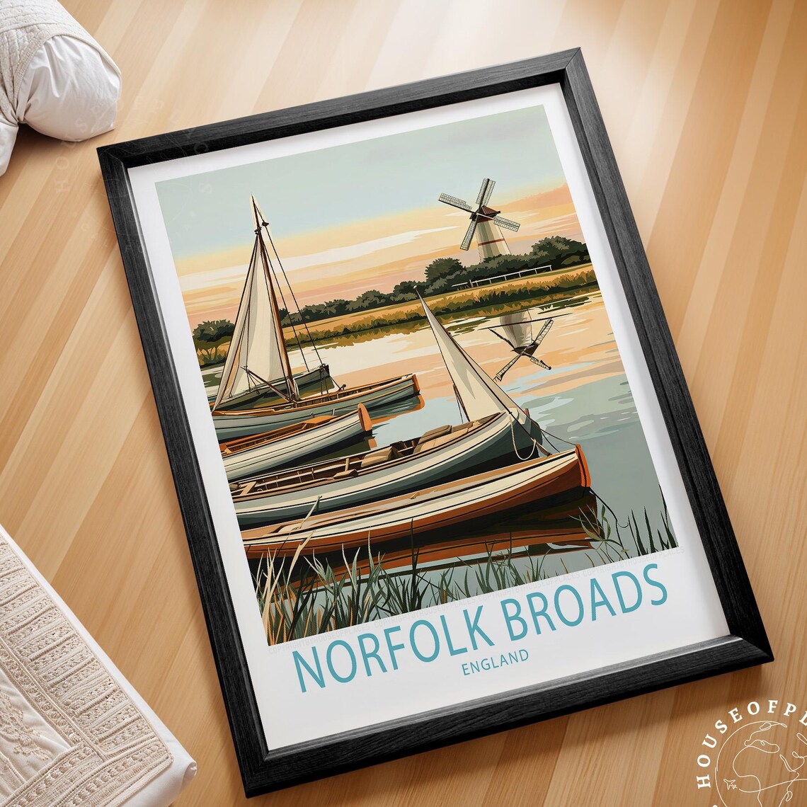 Norfolk Broads England Sailboats Sunset Windmill Waterway Poster
