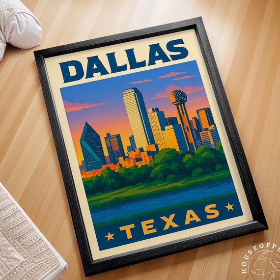 Dallas Texas Retro Skyline Sunset Reunion Tower Vintage Poster