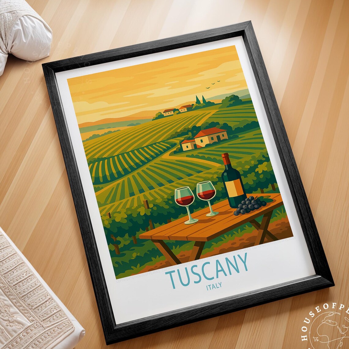 Tuscany Rolling Hills Vineyard Farmhouse Sunset Italy Travel Poster