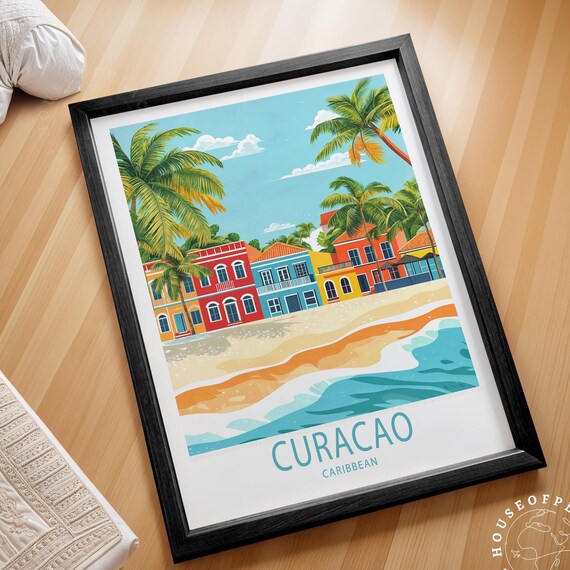 Curacao Caribbean Colorful Waterfront Buildings Beach Retro Travel Poster
