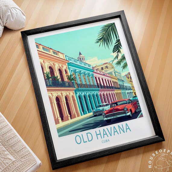 Old Havana Cuba Vintage Car Colorful Street Retro Travel Art Poster