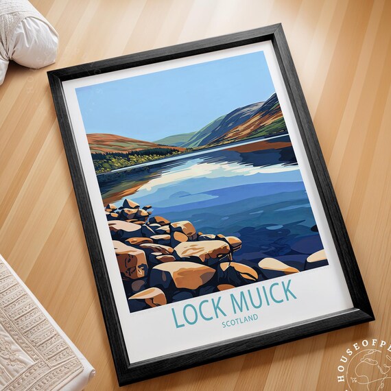 Lock Muick Scotland Rocky Shoreline Mountain Lake Vintage Poster