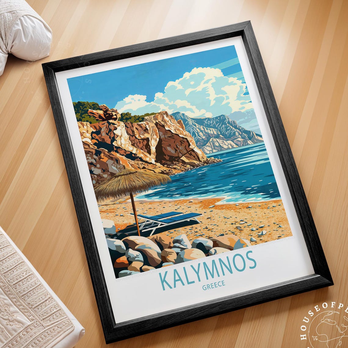 Kalymnos Greece Pebble Beach Cliffs Parasol Aegean Travel Poster