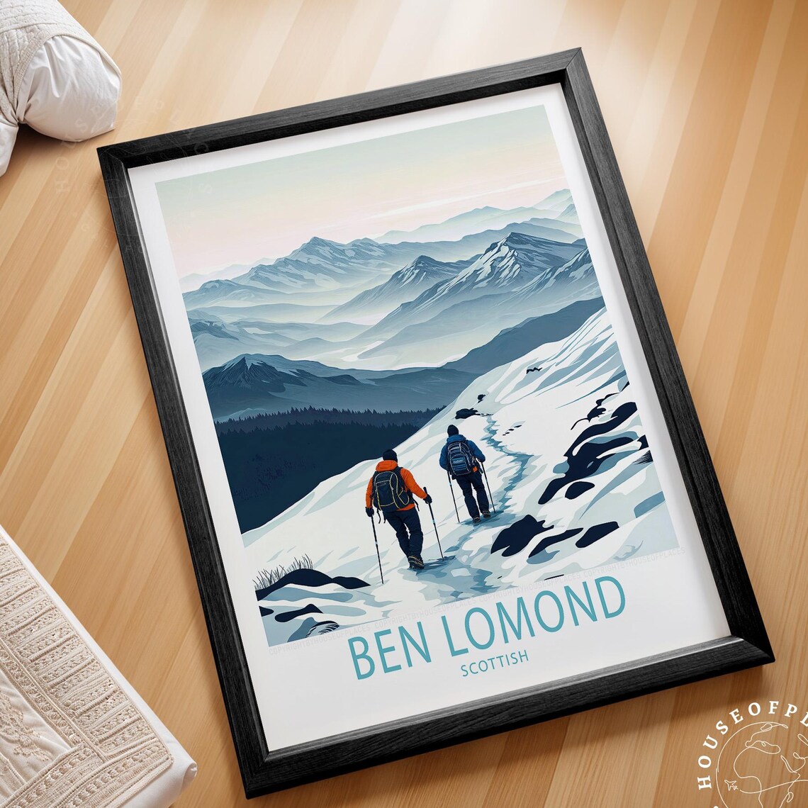 Ben Lomond Scotland Snowy Summit Hikers Winter Mountain Travel Poster