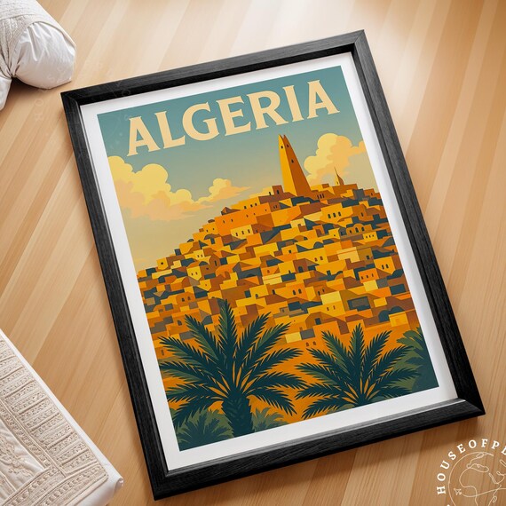 Algeria North Africa Travel Poster Golden Desert City Palms Artwork