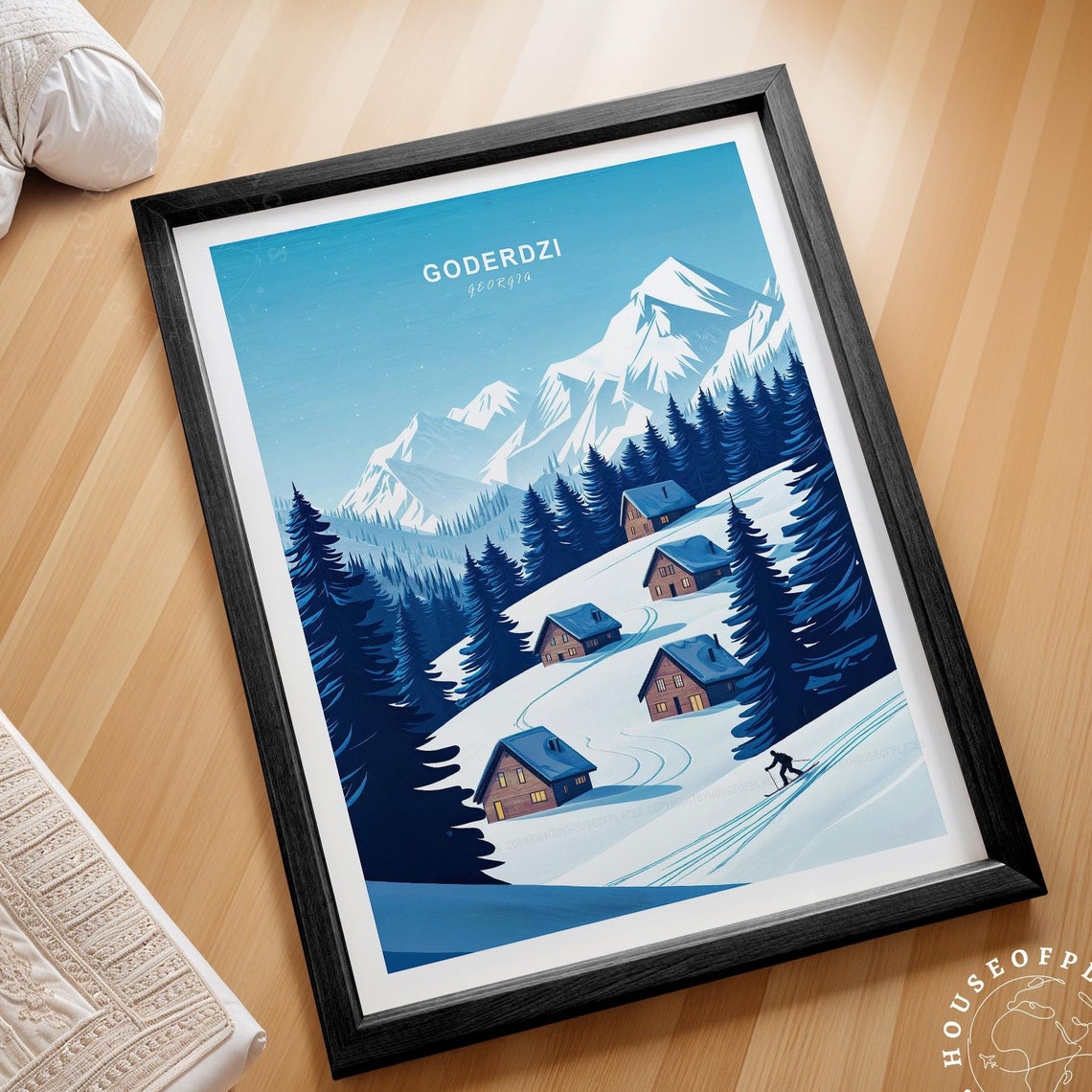 Goderdzi Georgia Snowy Mountain Cabins Ski Scene Travel Poster