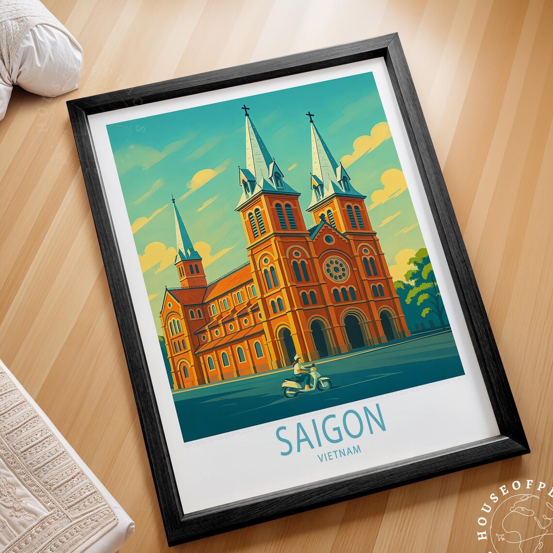 Saigon Vietnam Notre Dame Cathedral Scooter Retro Travel Poster