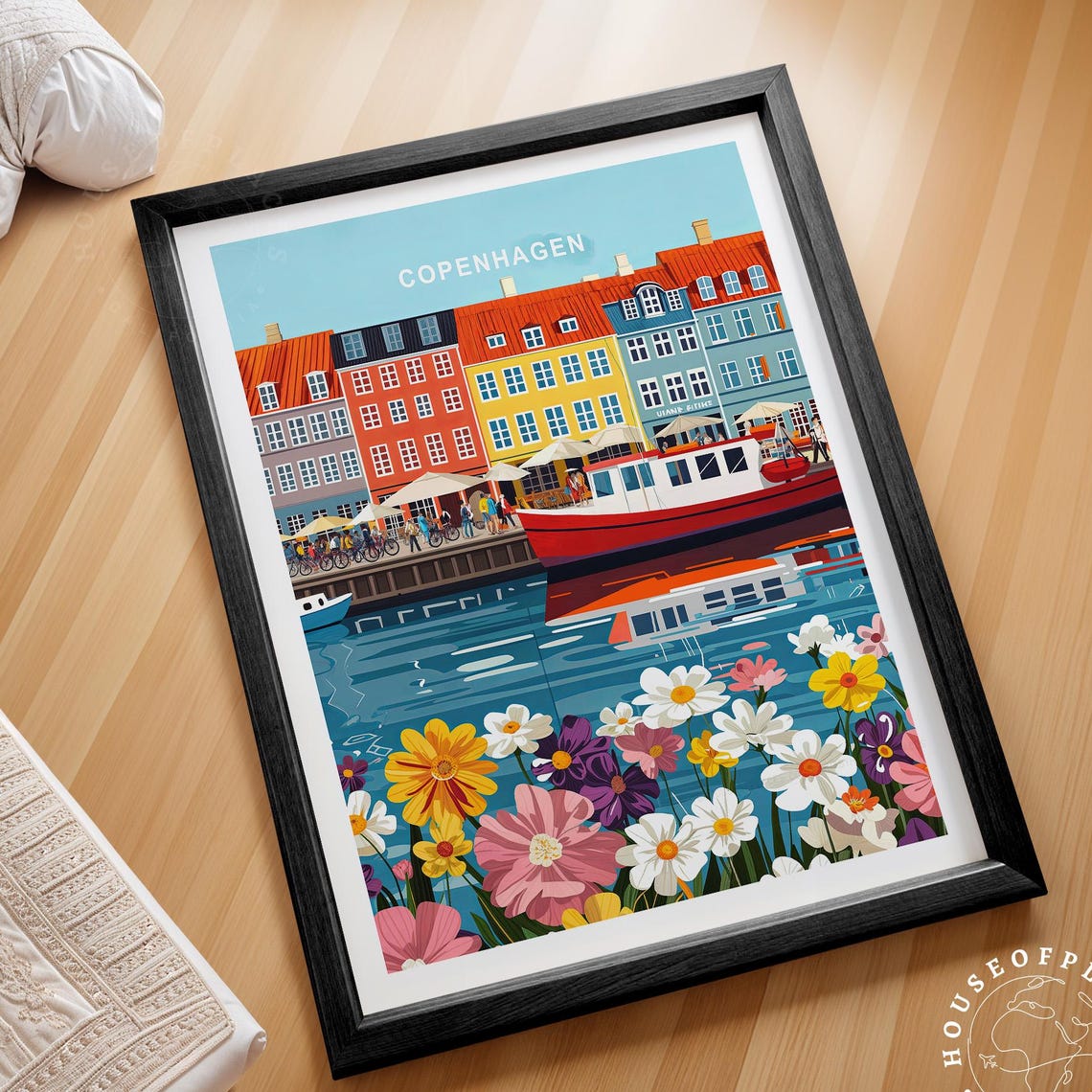 Copenhagen Denmark Nyhavn Harbor Flower Foreground Travel Poster