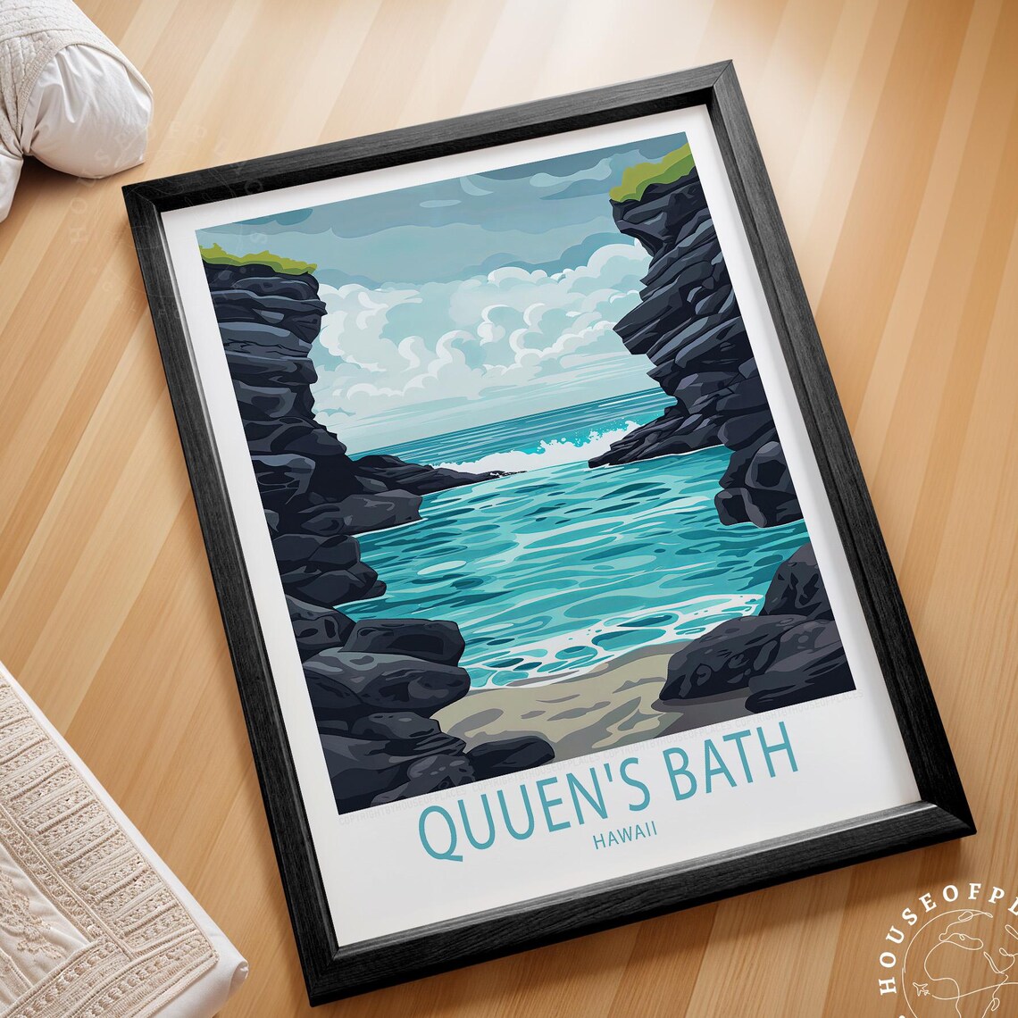 Queen's Bath Hawaii Coastal Cove Travel Poster Teal Ocean Art