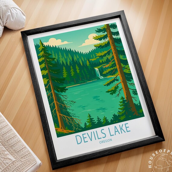 Devils Lake Oregon Forest Lake Waterfall Vintage Travel Poster