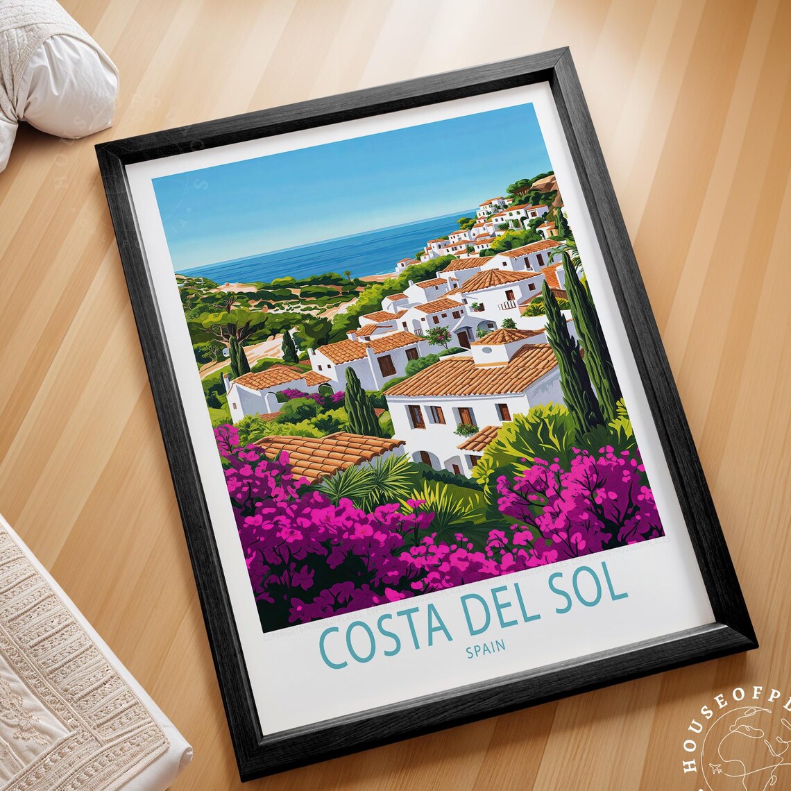 Costa del Sol Spain White Village Bougainvillea Sea View Travel Poster