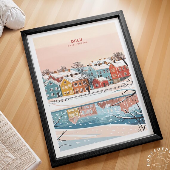 Oulu Finland Snowy Winter Riverfront Houses Nordic Travel Print