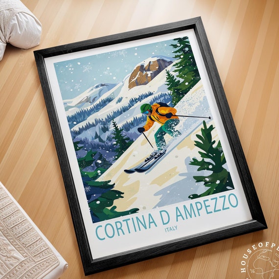 Cortina Dampezzo Italy Poster Winter Print Ski Resort Wall Art Skiing Holiday Decor