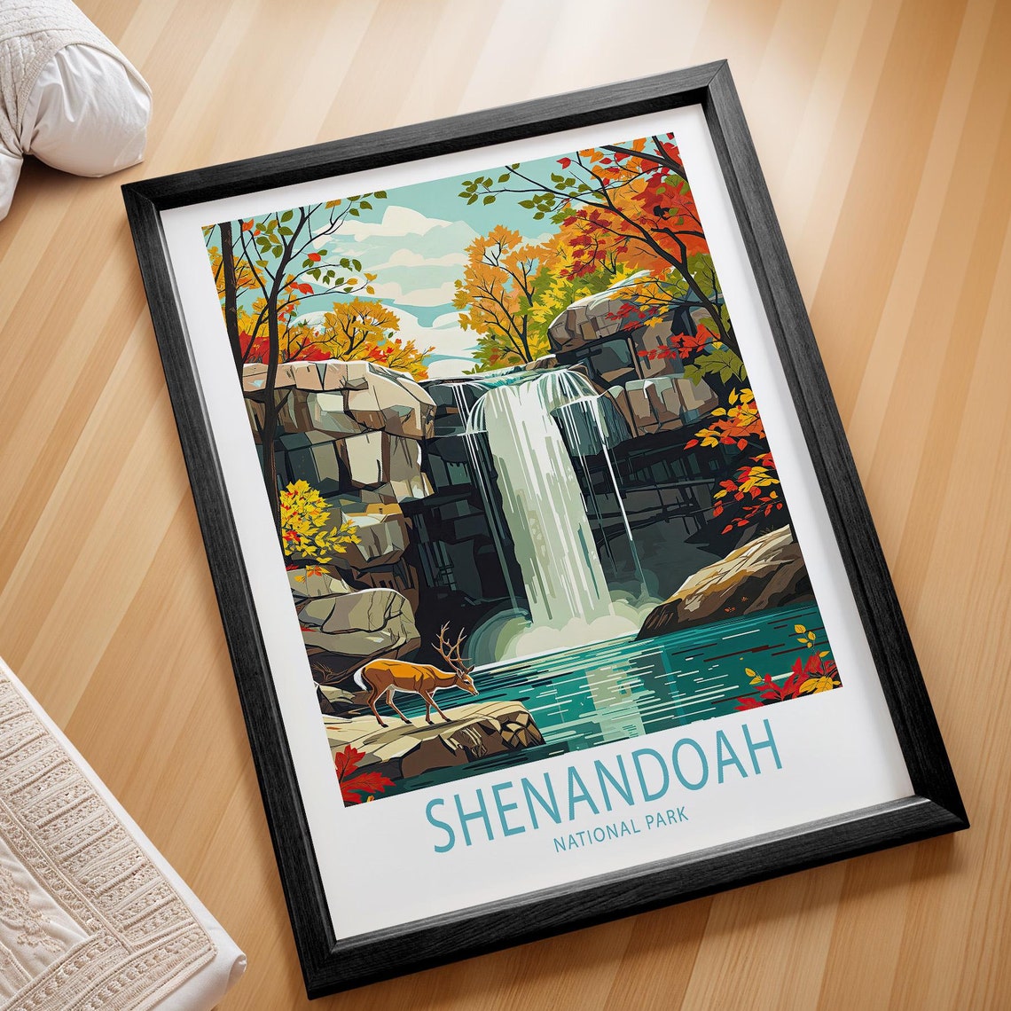 Shenandoah National Park Waterfall Autumn Deer Travel Poster