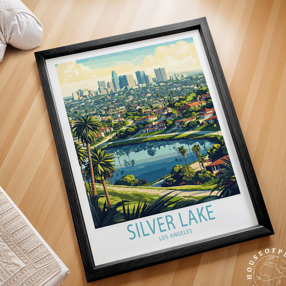 Silver Lake Los Angeles Palm Lake Skyline California Travel Poster