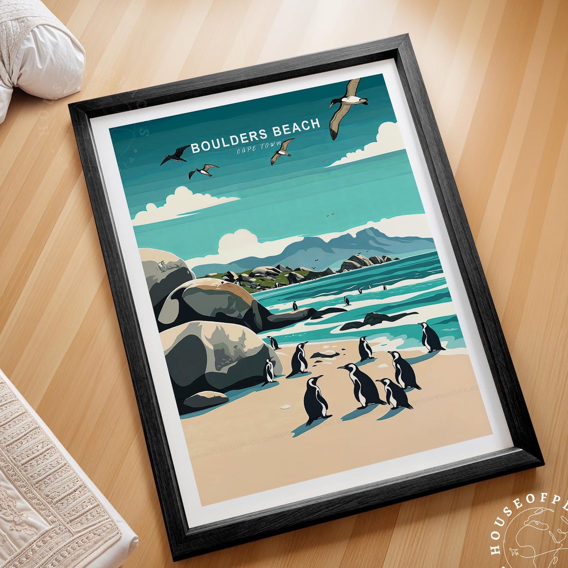 Boulders Beach Cape Town Penguins on Sandy Shore Seabirds Travel Poster