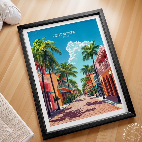 Fort Myers Florida Tropical Street Palms Colorful Buildings Poster
