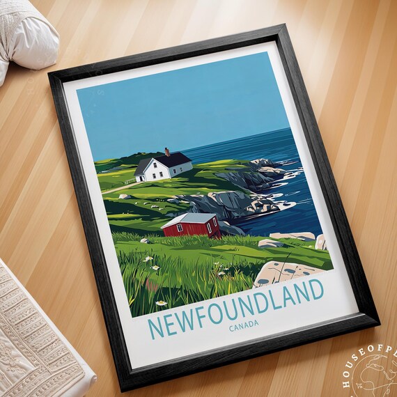 Newfoundland Canada Fishing Shacks Green Cliffs Ocean Coast Poster
