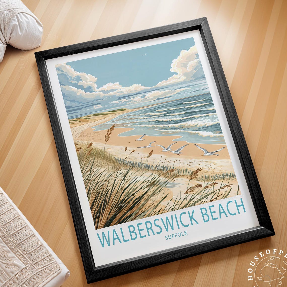 Walberswick Beach Suffolk Seagulls Dune Grass Coastline Travel Poster