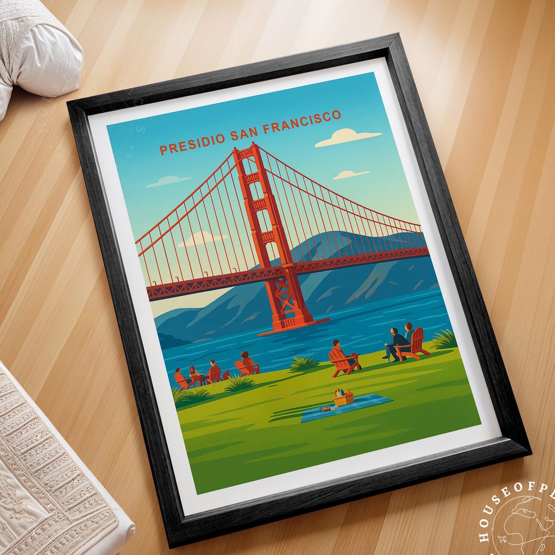 Presidio San Francisco Golden Gate Bridge Sunset Picnic Art Poster