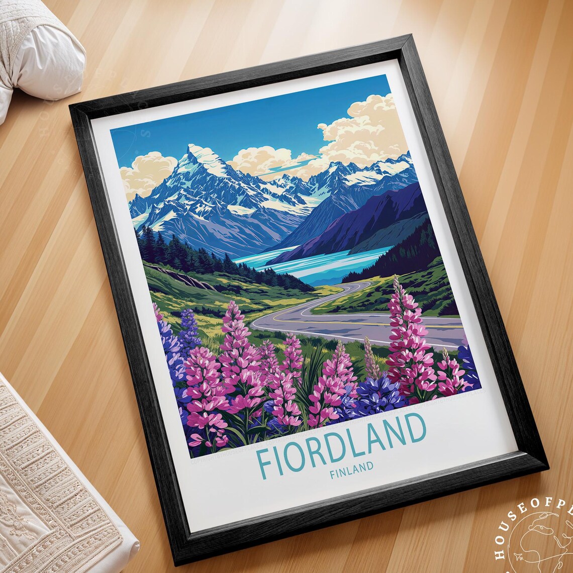 Fiordland Finland Mountain Road Lupine Blooms Vintage Travel Poster