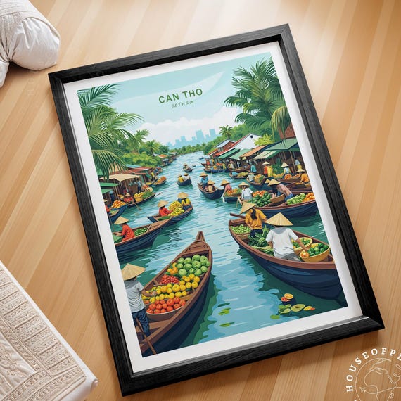 Can Tho Vietnam Floating Market River Boats Colorful Travel Poster