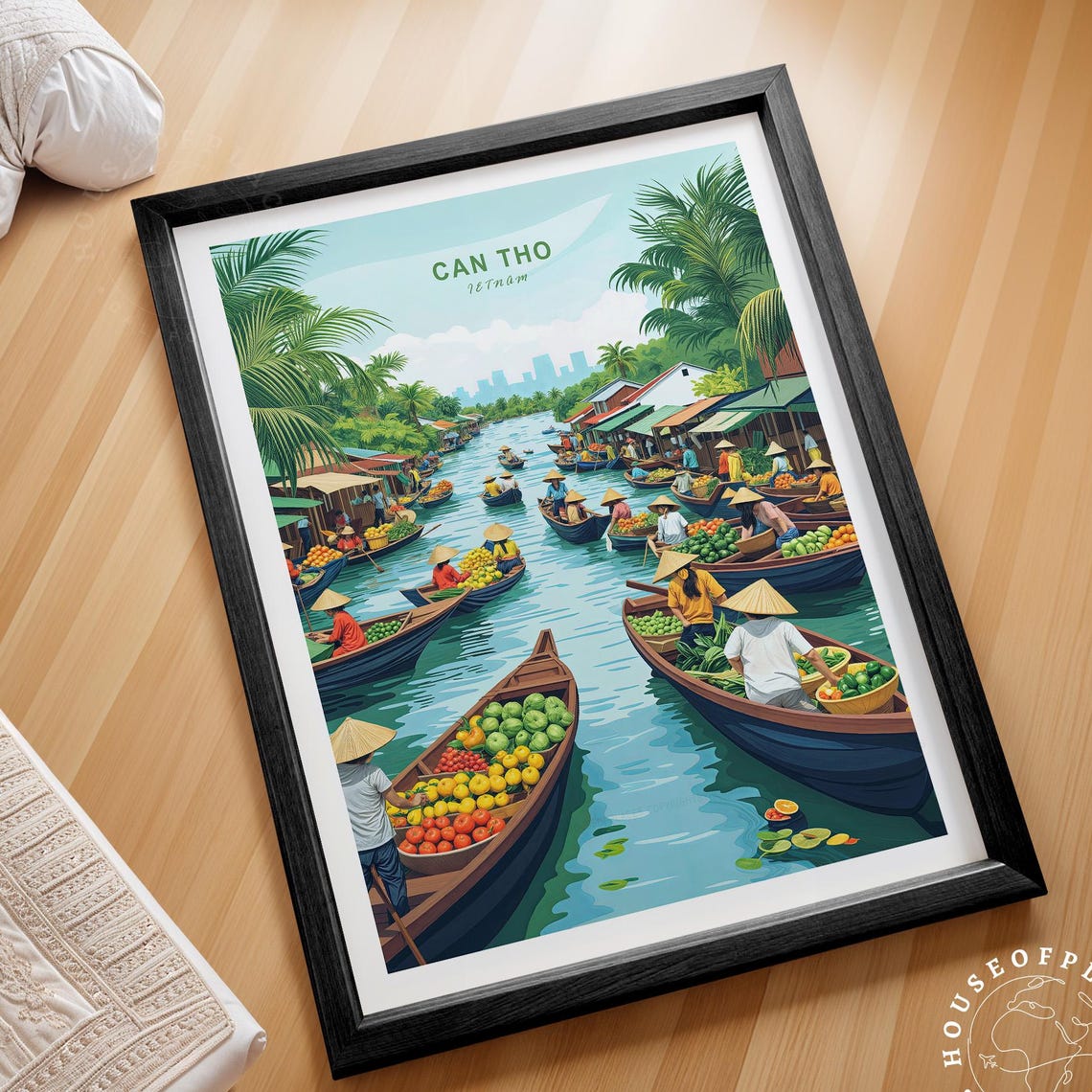 Can Tho Vietnam Floating Market River Boats Colorful Travel Poster