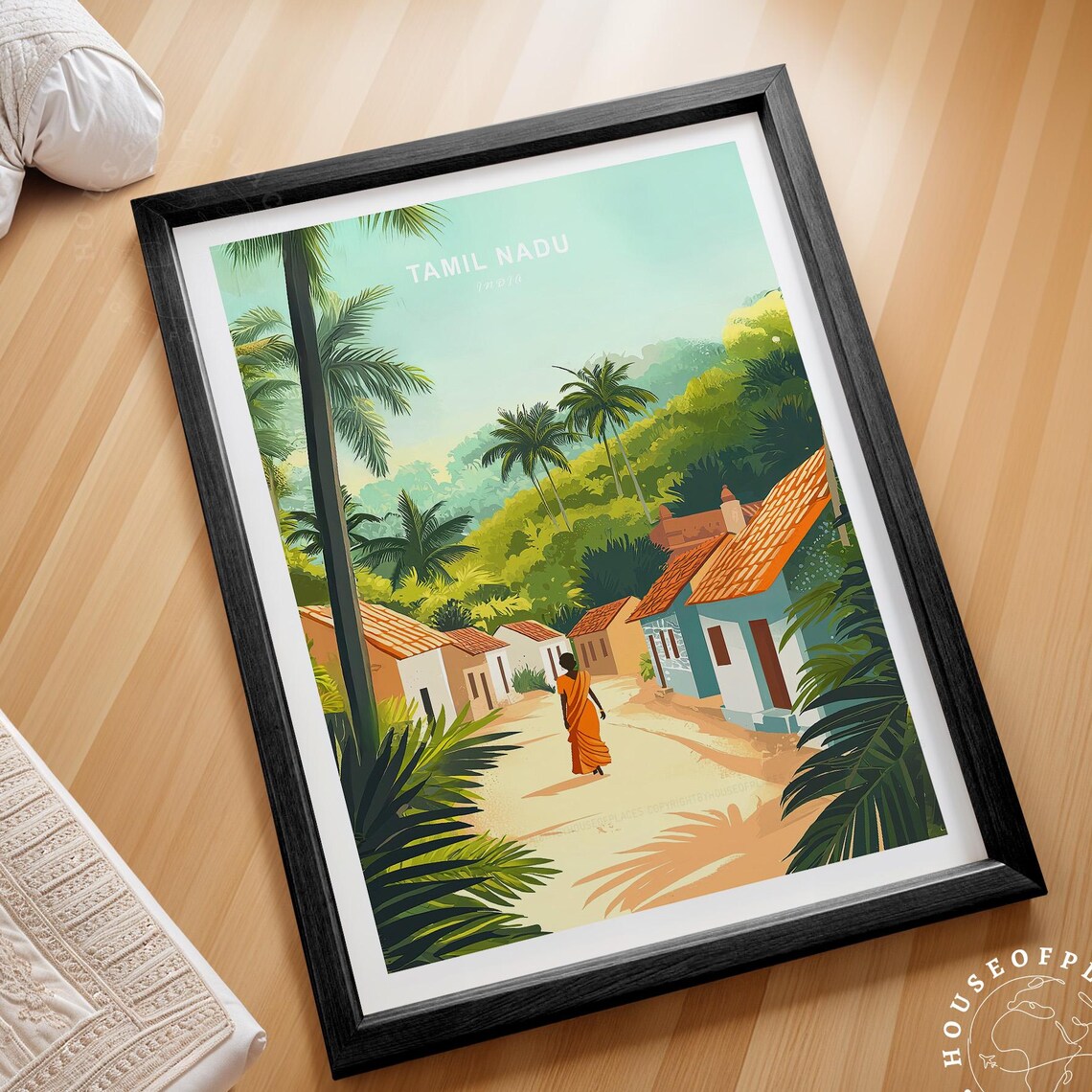 Tamil Nadu India Retro Travel Poster Tropical Village Palm Street Art
