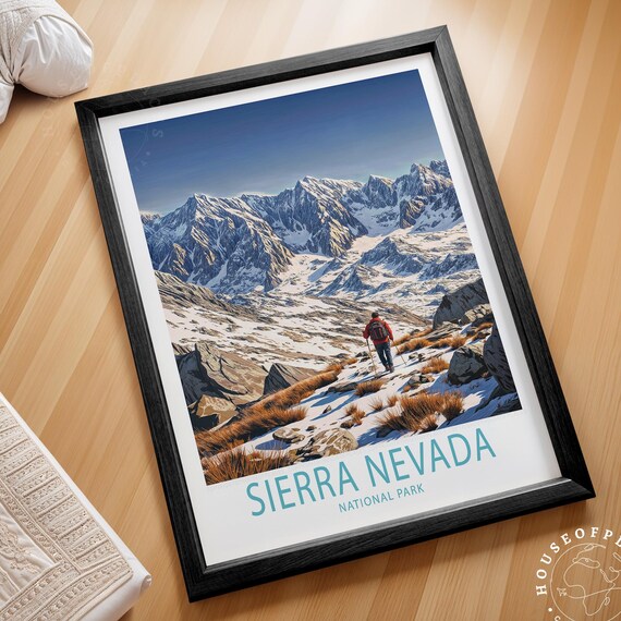 Sierra Nevada National Park Vintage Travel Poster Snowy Peaks Hiker Art