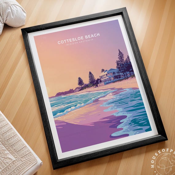 Cottesloe Beach Western Australia Travel Poster Sunset Surf Pastel Art