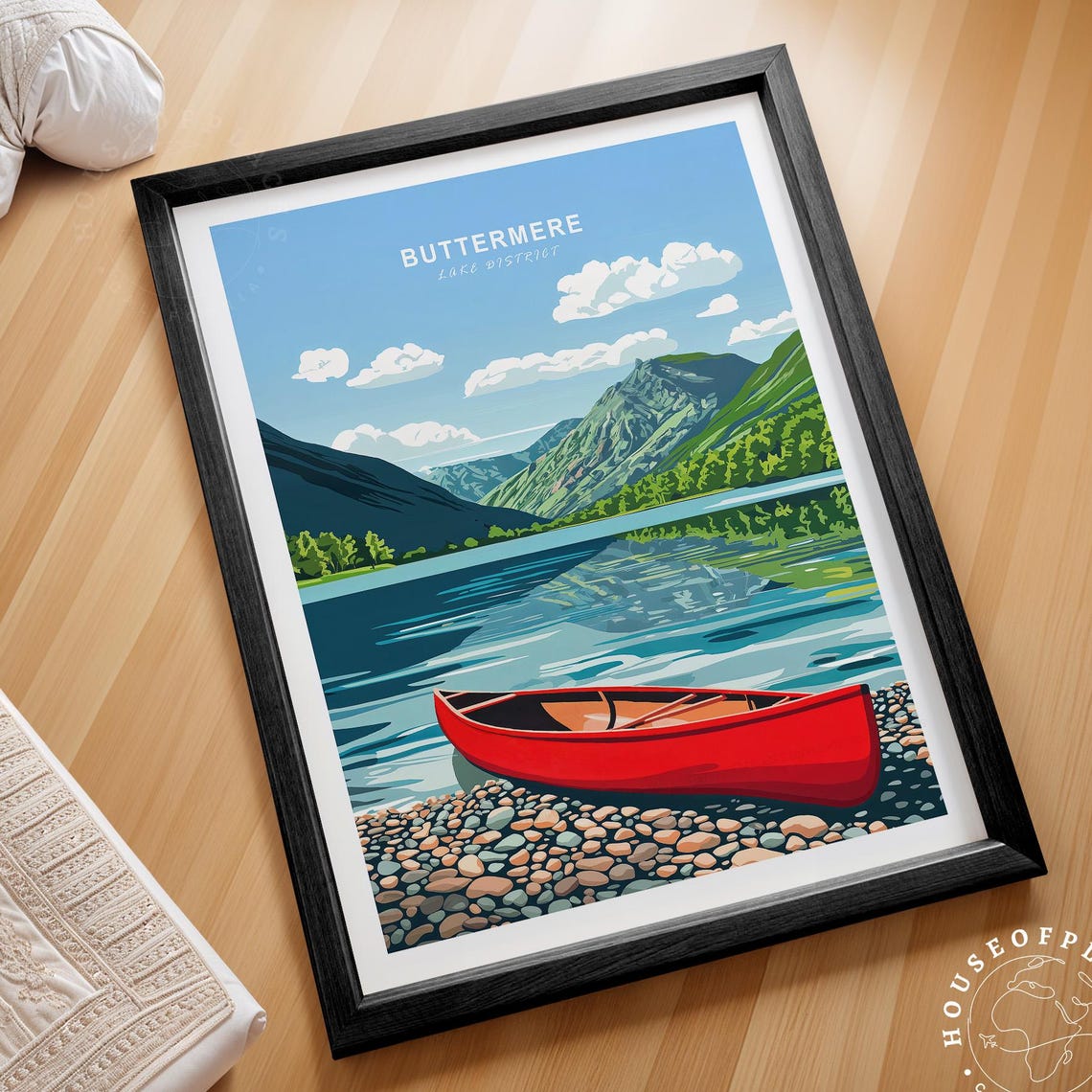 Buttermere Lake District Red Canoe Pebble Shore Travel Poster