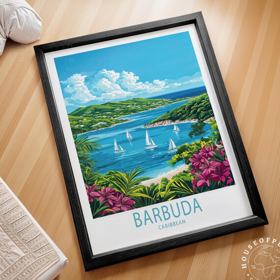 Barbuda Caribbean Sailboat Bay Tropical Vintage Travel Poster