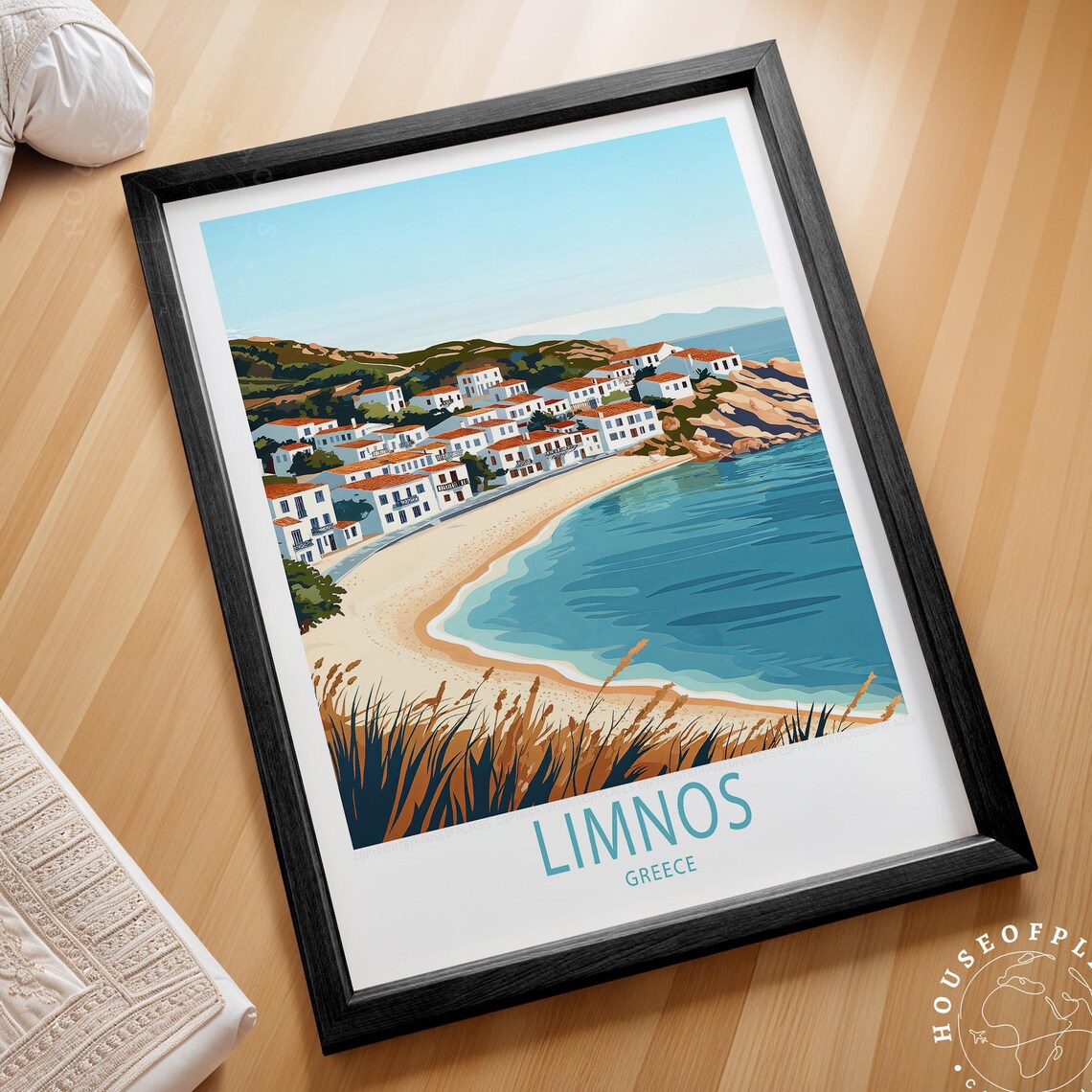 Limnos Greece Coastal White Village Beach Vintage Travel Poster
