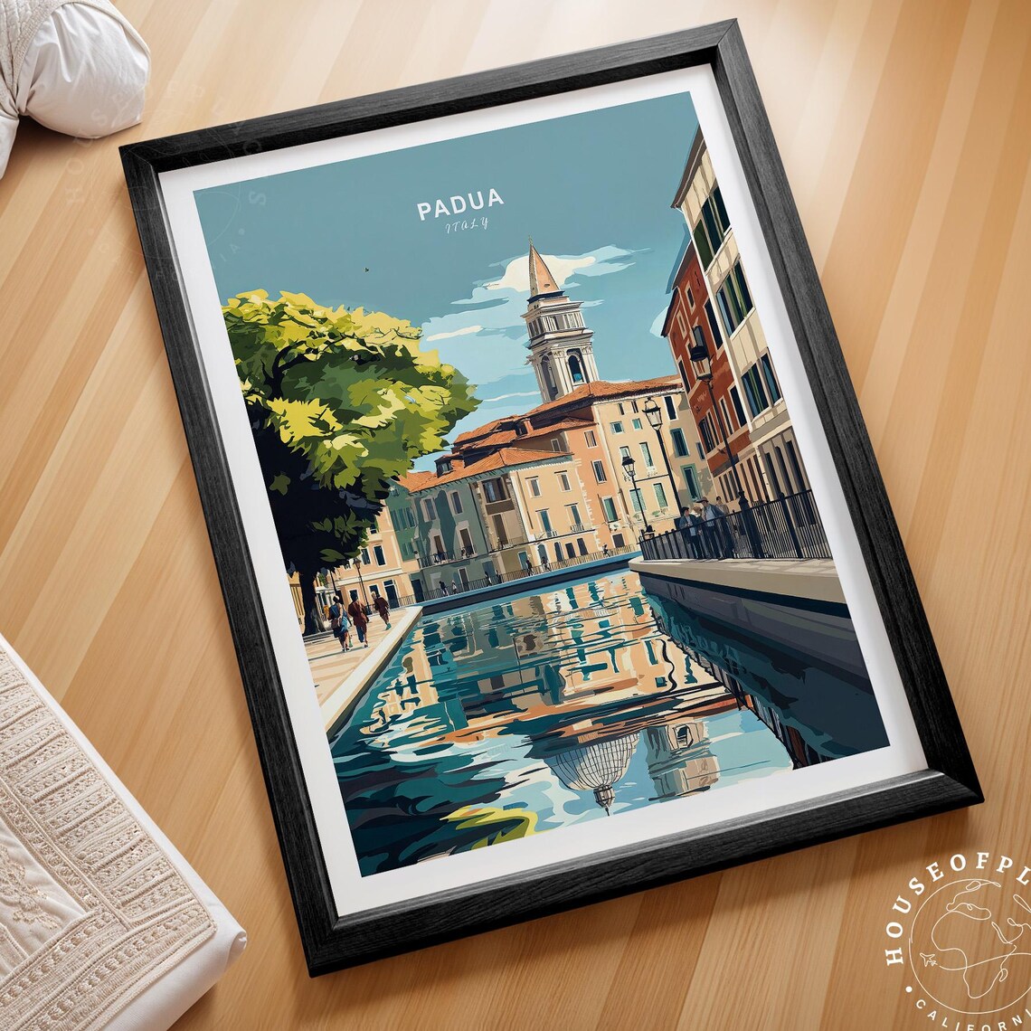 Padua Italy Canal Reflection Historic Bell Tower Travel Poster